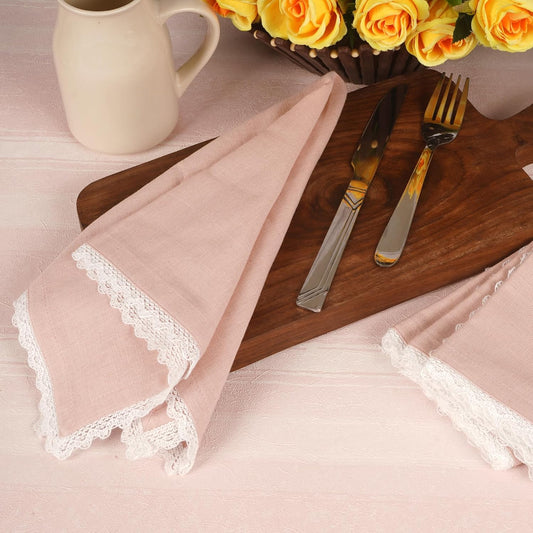 FINGERCRAFT Dinner Cloth Napkin Cotton Linen Blend 4 Pack Mitered Corners with Elegant Lace for Everyday Use Napkins are Pre Shrunk and Good Absorbency Pink Easter Color