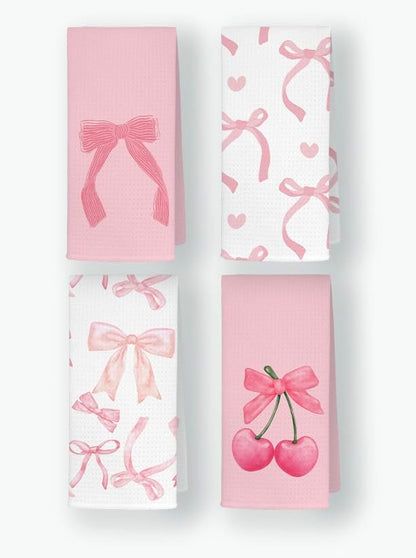 Pink Bowknot Cherry Kitchen Towels,Pink Preppy Decor,16x24 Inch Set of 4ï¼ŒAbsorbent Dishcloths Hand Towels Dish Towels for Kitchen Bathroom Dorm,Gifts for Women Teen Girls, Ts460