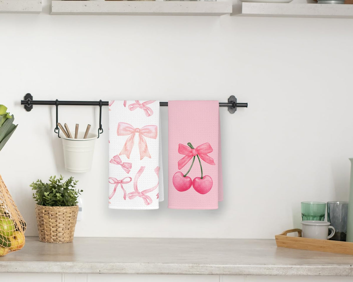 Pink Bowknot Cherry Kitchen Towels,Pink Preppy Decor,16x24 Inch Set of 4ï¼ŒAbsorbent Dishcloths Hand Towels Dish Towels for Kitchen Bathroom Dorm,Gifts for Women Teen Girls, Ts460
