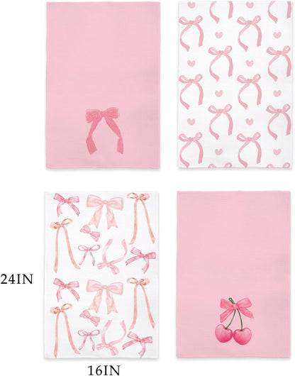 Pink Bowknot Cherry Kitchen Towels,Pink Preppy Decor,16x24 Inch Set of 4ï¼ŒAbsorbent Dishcloths Hand Towels Dish Towels for Kitchen Bathroom Dorm,Gifts for Women Teen Girls, Ts460