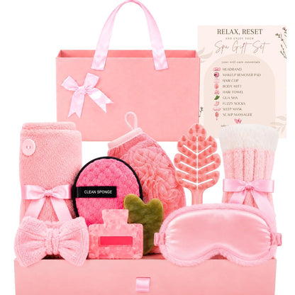 Spa Gift Basket for Women - Birthday Gifts for Women, Mom, Teen Girl - 11pc Self Care Gift Set - Pink Spa Kit with Gua Sha, Sleep Mask - Relaxing Get Well Soon, Thinking of You for Her