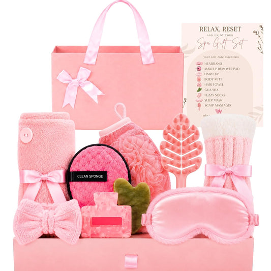 Spa Gift Basket for Women - Birthday Gifts for Women, Mom, Teen Girl - 11pc Self Care Gift Set - Pink Spa Kit with Gua Sha, Sleep Mask - Relaxing Get Well Soon, Thinking of You for Her