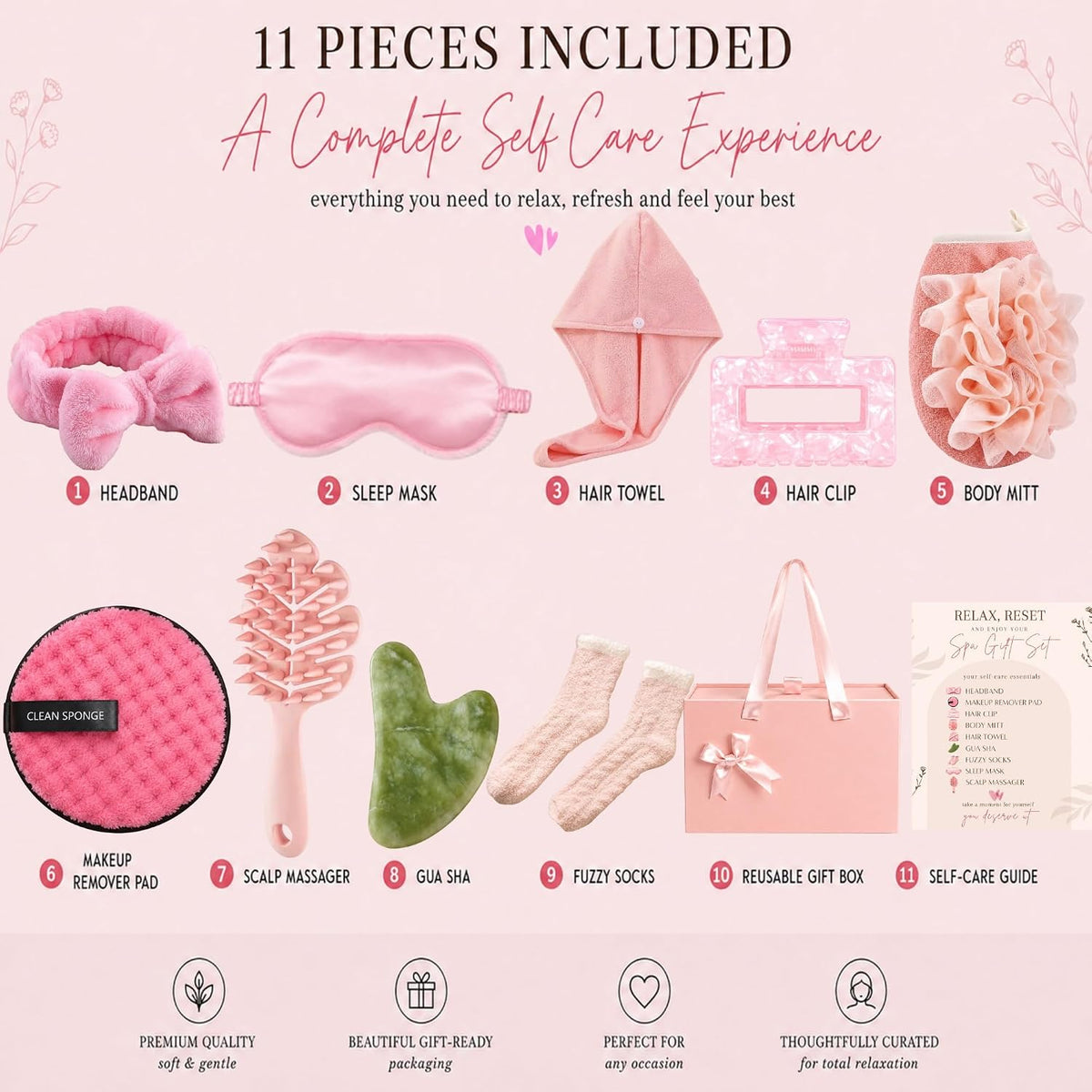 Spa Gift Basket for Women - Birthday Gifts for Women, Mom, Teen Girl - 11pc Self Care Gift Set - Pink Spa Kit with Gua Sha, Sleep Mask - Relaxing Get Well Soon, Thinking of You for Her