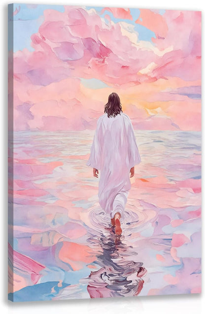 Wrapped Canvas Pink Jesus Walking on Water Wall Art 12x16 in