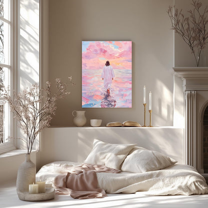 Wrapped Canvas Pink Jesus Walking on Water Wall Art 12x16 in