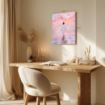 Wrapped Canvas Pink Jesus Walking on Water Wall Art 12x16 in