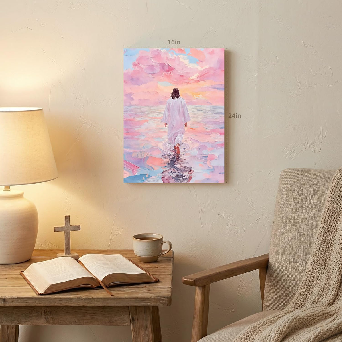 Wrapped Canvas Pink Jesus Walking on Water Wall Art 12x16 in