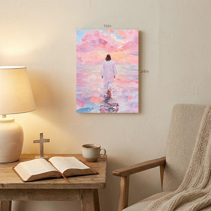 Wrapped Canvas Pink Jesus Walking on Water Wall Art 12x16 in