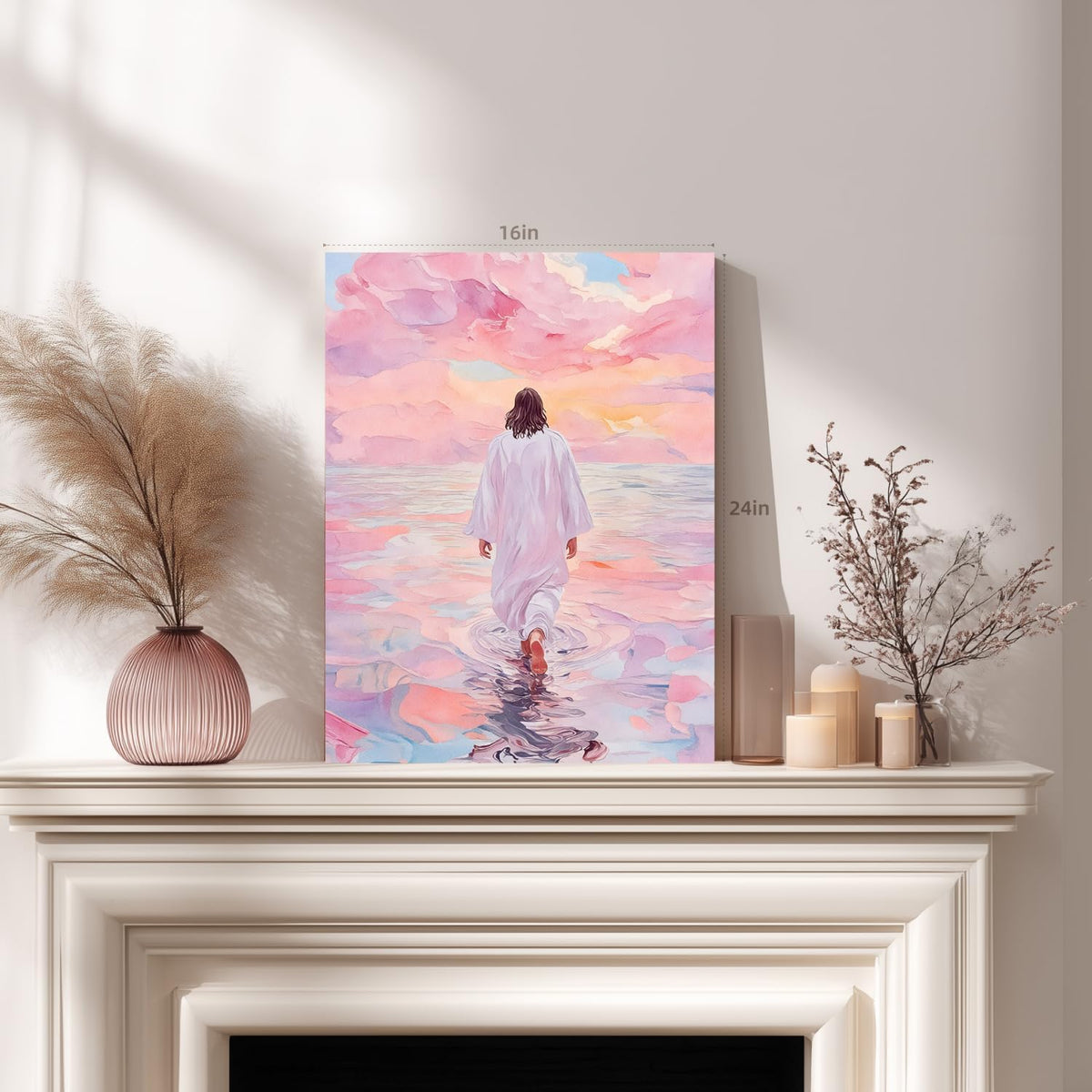 Wrapped Canvas Pink Jesus Walking on Water Wall Art 12x16 in