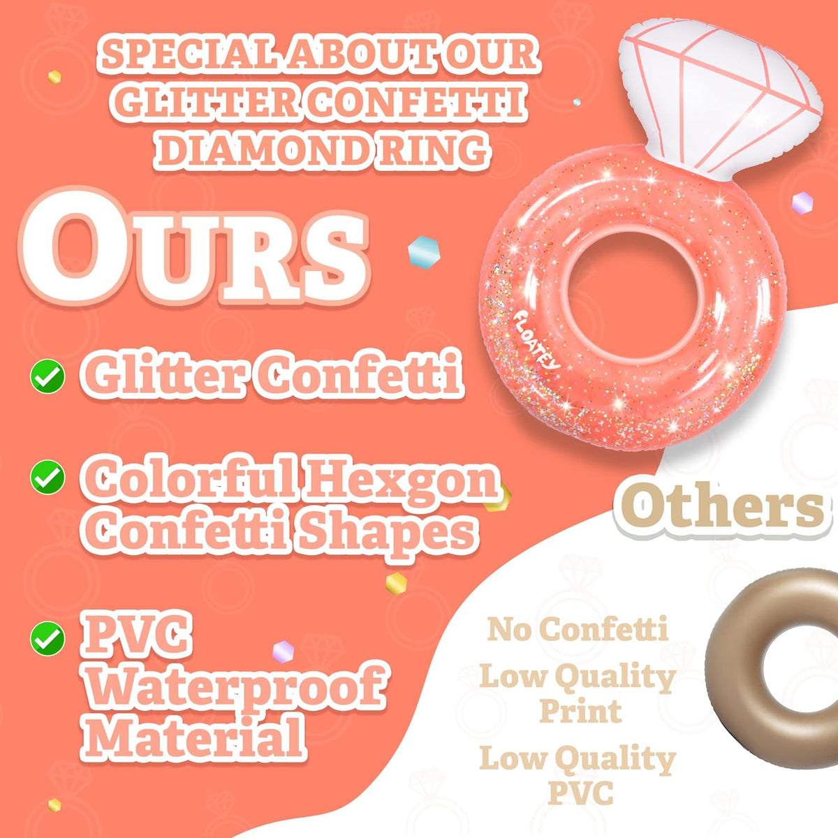 Bachelorette Party Decorations - XtraLarge Diamond Ring Pool Float | Shiny Glitter Conffetti Inside | Bachelorette Pool Floats for Bride, Ring Floatie Bachelorette Party Accessories, Rose Gold