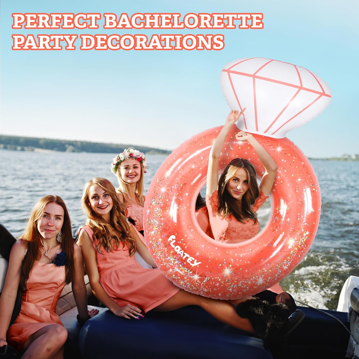 Bachelorette Party Decorations - XtraLarge Diamond Ring Pool Float | Shiny Glitter Conffetti Inside | Bachelorette Pool Floats for Bride, Ring Floatie Bachelorette Party Accessories, Rose Gold
