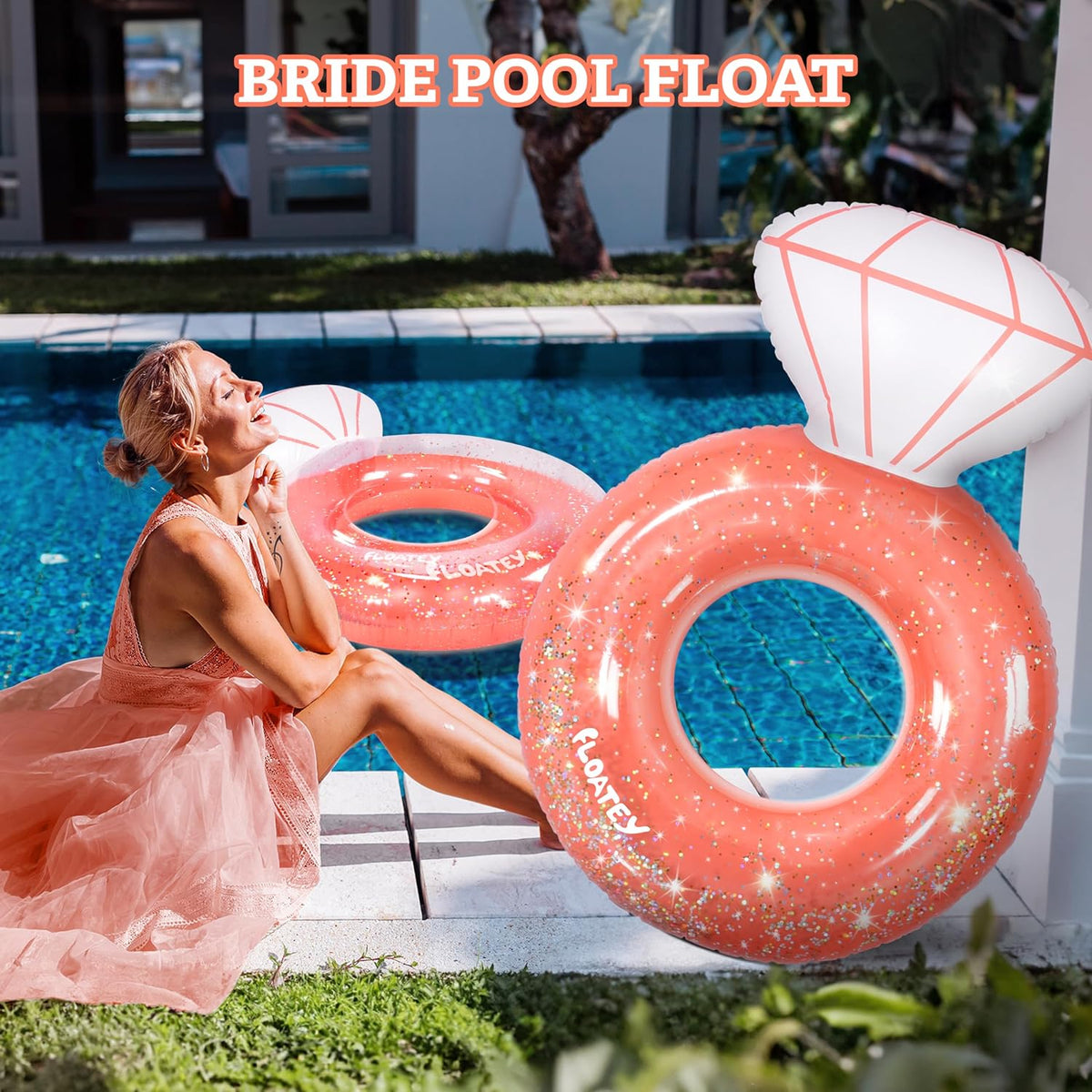 Bachelorette Party Decorations - XtraLarge Diamond Ring Pool Float | Shiny Glitter Conffetti Inside | Bachelorette Pool Floats for Bride, Ring Floatie Bachelorette Party Accessories, Rose Gold