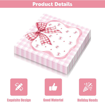 Bow Napkins, 20 Pack Pink Bow Napkins, Pink Napkin for Party, Paper Napkin