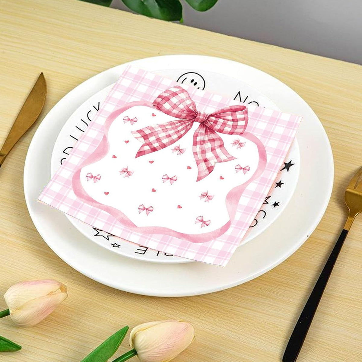 Bow Napkins, 20 Pack Pink Bow Napkins, Pink Napkin for Party, Paper Napkin