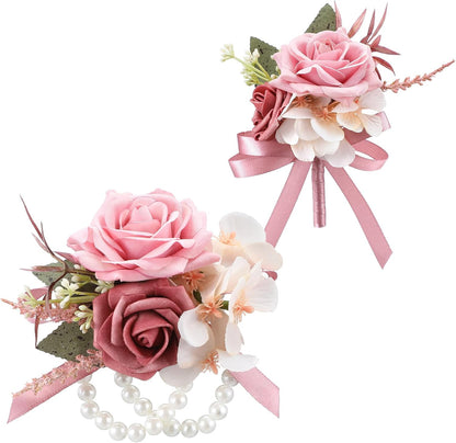 2 Pcs Dusty Pink Corsage and Boutonniere Set Wedding Accessories