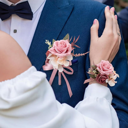 2 Pcs Dusty Pink Corsage and Boutonniere Set Wedding Accessories