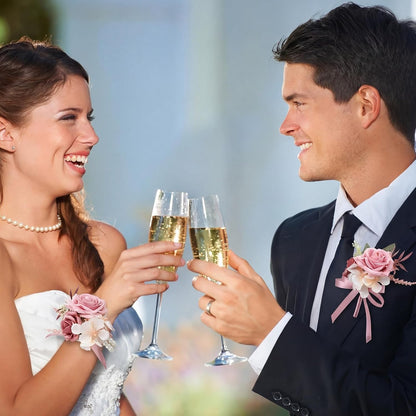 2 Pcs Dusty Pink Corsage and Boutonniere Set Wedding Accessories