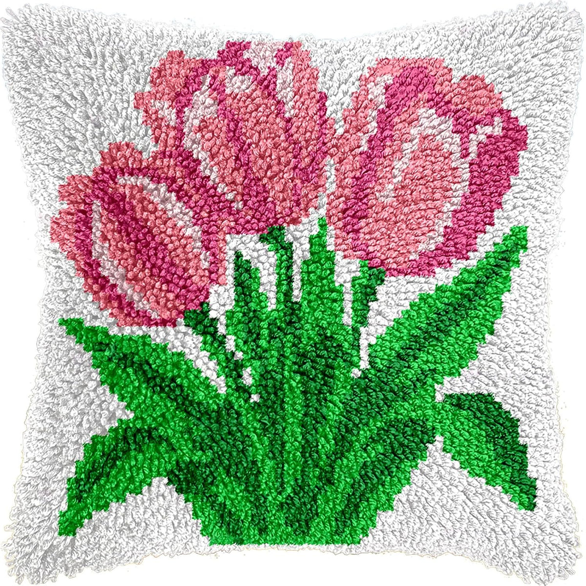 Latch Hook Kits for Adults, DIY Pink Tulip Pillow & Rug Craft Kit for Beginners, Floral Handmade Yarn Art, Relaxing Home Sofa Decor Gift 17x17 Inch