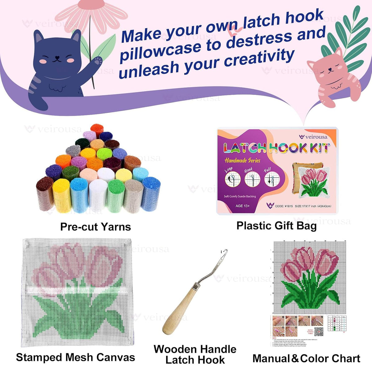 Latch Hook Kits for Adults, DIY Pink Tulip Pillow & Rug Craft Kit for Beginners, Floral Handmade Yarn Art, Relaxing Home Sofa Decor Gift 17x17 Inch