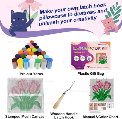 Latch Hook Kits for Adults, DIY Pink Tulip Pillow & Rug Craft Kit for Beginners, Floral Handmade Yarn Art, Relaxing Home Sofa Decor Gift 17x17 Inch