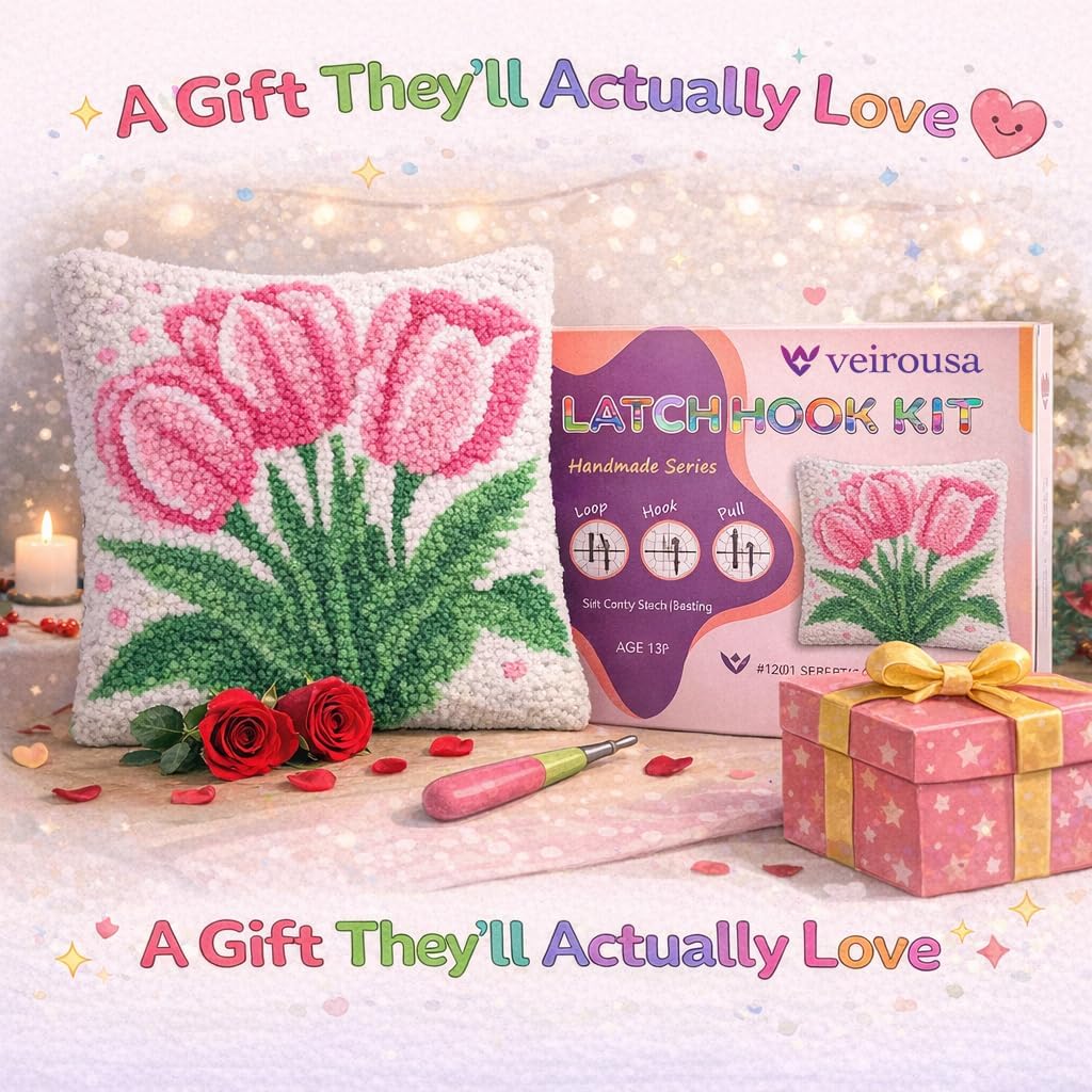 Latch Hook Kits for Adults, DIY Pink Tulip Pillow & Rug Craft Kit for Beginners, Floral Handmade Yarn Art, Relaxing Home Sofa Decor Gift 17x17 Inch