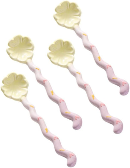 (4 Pieces) Macaron Cute Ceramic Long Handle Spoon Household Dessert Spoon Stirring Spoon Coffee Spoon Ice Cream Spoon (Pink)