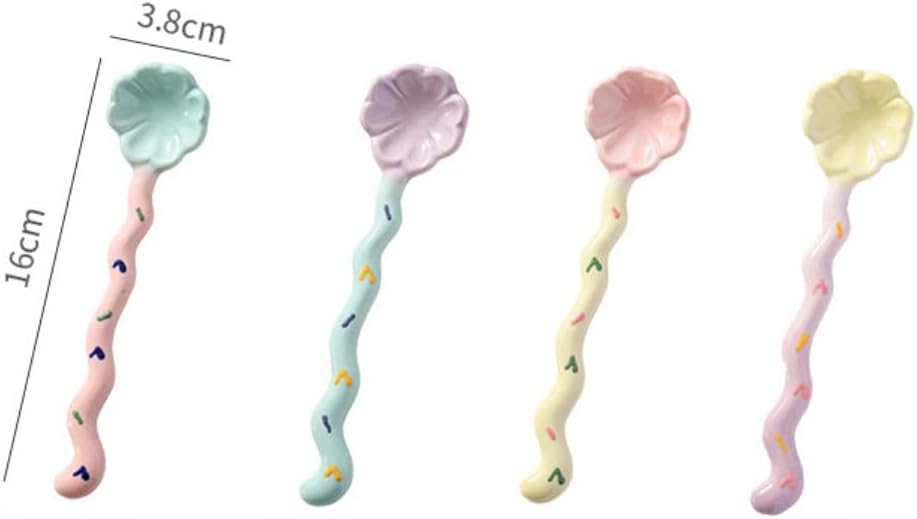 (4 Pieces) Macaron Cute Ceramic Long Handle Spoon Household Dessert Spoon Stirring Spoon Coffee Spoon Ice Cream Spoon (Pink)