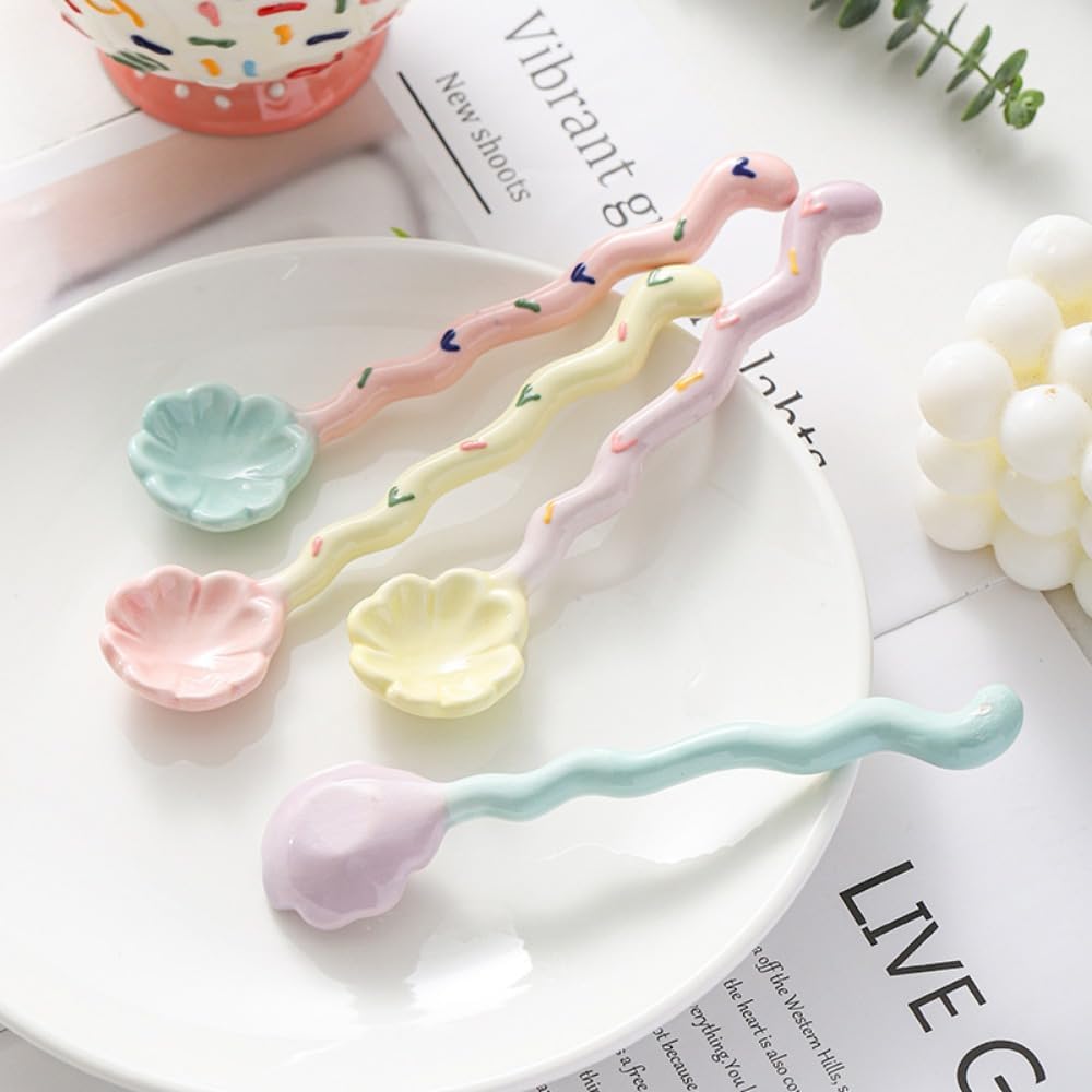 (4 Pieces) Macaron Cute Ceramic Long Handle Spoon Household Dessert Spoon Stirring Spoon Coffee Spoon Ice Cream Spoon (Pink)
