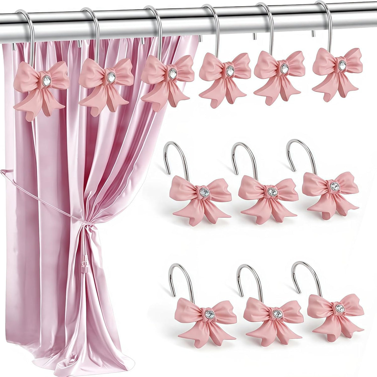 12PCS Decorative Shower Curtain Hooks with Shining Diamond,Rust Resistant Pink Bow Knot Hangers,Cute Shower Curtain Rings Hooks for Home Bathroom Decor Supplies
