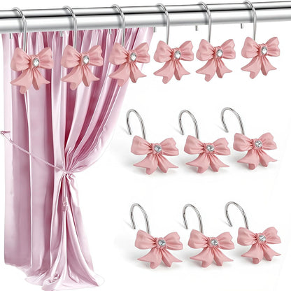 12PCS Decorative Shower Curtain Hooks with Shining Diamond,Rust Resistant Pink Bow Knot Hangers,Cute Shower Curtain Rings Hooks for Home Bathroom Decor Supplies