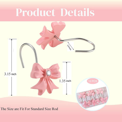 12PCS Decorative Shower Curtain Hooks with Shining Diamond,Rust Resistant Pink Bow Knot Hangers,Cute Shower Curtain Rings Hooks for Home Bathroom Decor Supplies