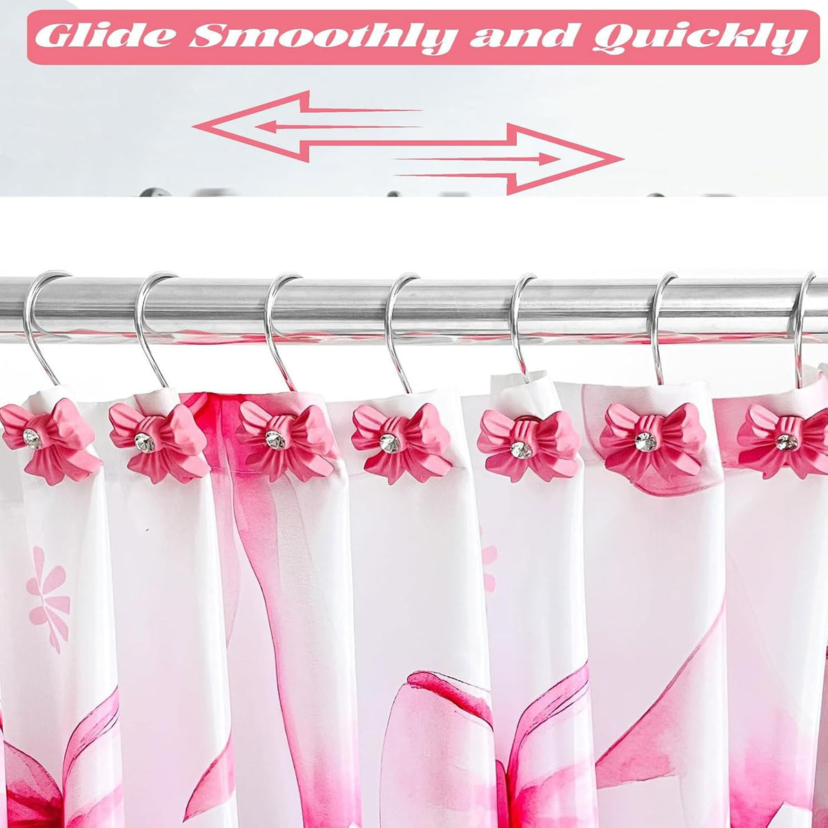 12PCS Decorative Shower Curtain Hooks with Shining Diamond,Rust Resistant Pink Bow Knot Hangers,Cute Shower Curtain Rings Hooks for Home Bathroom Decor Supplies