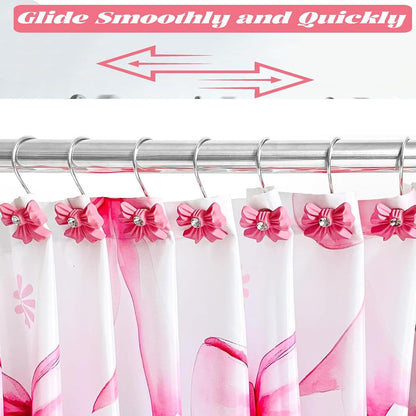 12PCS Decorative Shower Curtain Hooks with Shining Diamond,Rust Resistant Pink Bow Knot Hangers,Cute Shower Curtain Rings Hooks for Home Bathroom Decor Supplies