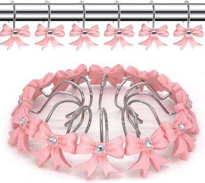 12PCS Decorative Shower Curtain Hooks with Shining Diamond,Rust Resistant Pink Bow Knot Hangers,Cute Shower Curtain Rings Hooks for Home Bathroom Decor Supplies