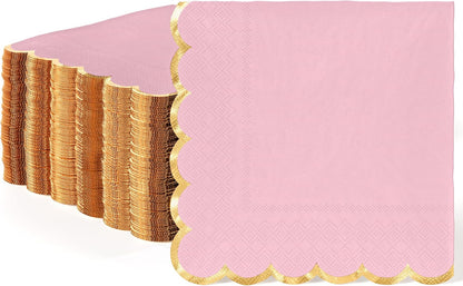 Pink Scalloped Napkins With Gold Trim 64 Pcs 2-Ply Pink Scalloped Cocktail Napkins with Gold Edge for Cocktail Parties, & Party Supplies