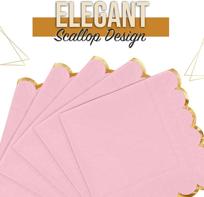 Pink Scalloped Napkins With Gold Trim 64 Pcs 2-Ply Pink Scalloped Cocktail Napkins with Gold Edge for Cocktail Parties, & Party Supplies