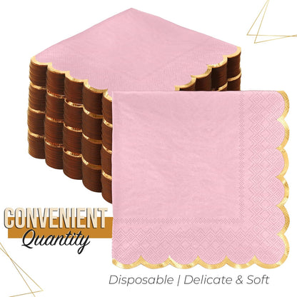 Pink Scalloped Napkins With Gold Trim 64 Pcs 2-Ply Pink Scalloped Cocktail Napkins with Gold Edge for Cocktail Parties, & Party Supplies