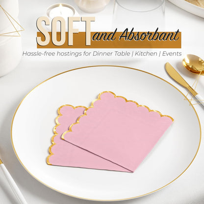Pink Scalloped Napkins With Gold Trim 64 Pcs 2-Ply Pink Scalloped Cocktail Napkins with Gold Edge for Cocktail Parties, & Party Supplies