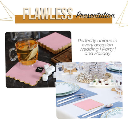 Pink Scalloped Napkins With Gold Trim 64 Pcs 2-Ply Pink Scalloped Cocktail Napkins with Gold Edge for Cocktail Parties, & Party Supplies