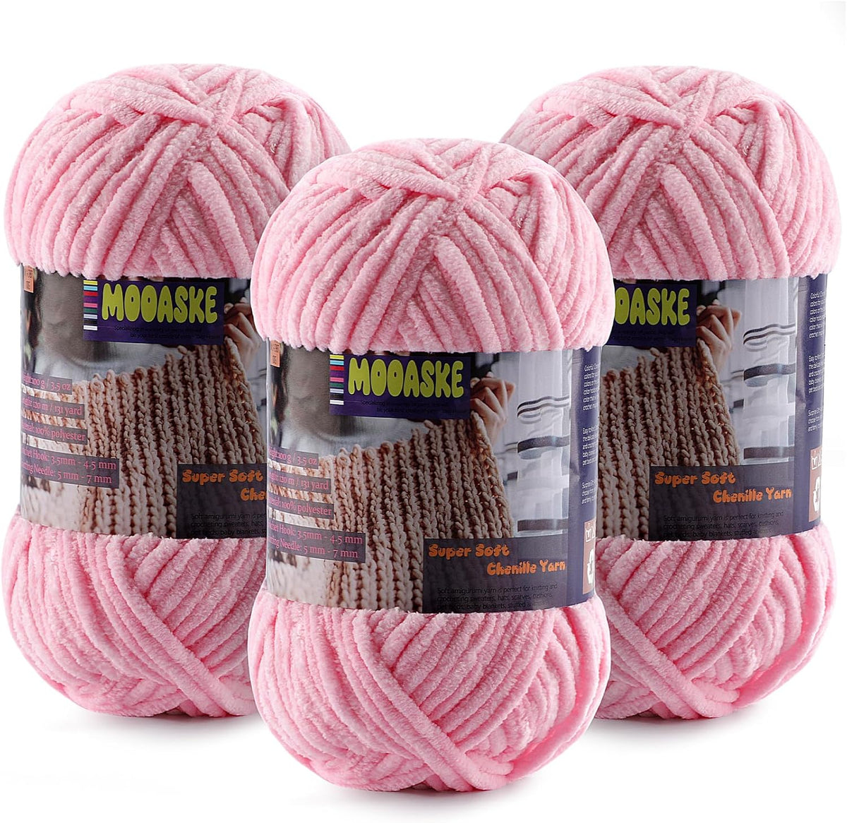 Baby Blanket Yarn for Crocheting - Soft Velvet Fluffy Chenille Yarn for Knitting Amigurumi Making Scarves, Doll - 100g/3.5oz 131 Yards Thick Plush Yarns (3, Pink)