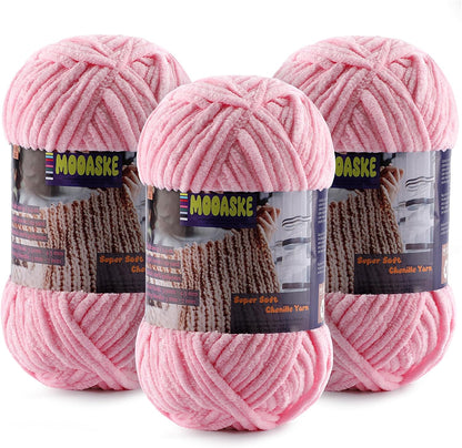 Baby Blanket Yarn for Crocheting - Soft Velvet Fluffy Chenille Yarn for Knitting Amigurumi Making Scarves, Doll - 100g/3.5oz 131 Yards Thick Plush Yarns (3, Pink)