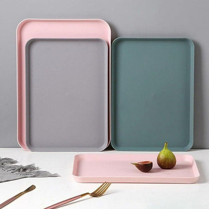 Large Rectangular Serving Tray, Heat Resistant Non Slip Plastic Platter With High Edge For Fruit Dinner Tea Makeup Organization Gray Purple(small pink)