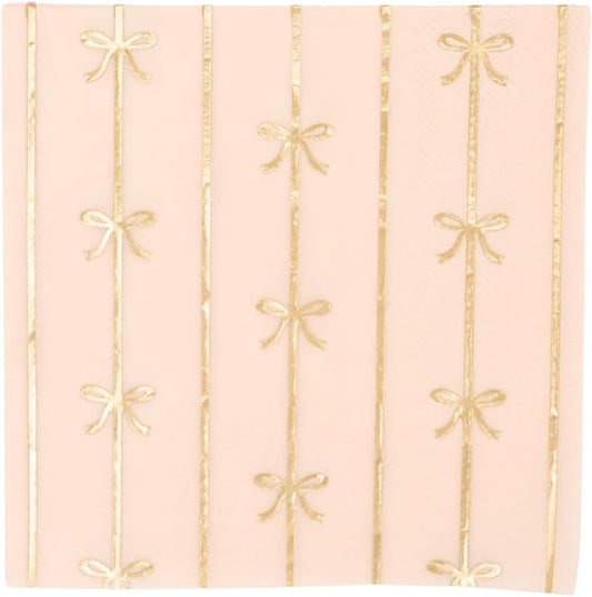 Bonjour Fête Light Peach Bow Small Party Napkins | 3-Ply Gold Foil Cocktail Napkins for Holiday Decorations | Premium Party Table Decor | Pack of 20, 5" Folded | Elegant Fancy Napkins