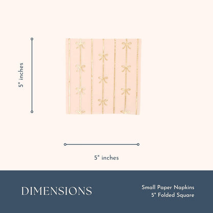 Bonjour Fête Light Peach Bow Small Party Napkins | 3-Ply Gold Foil Cocktail Napkins for Holiday Decorations | Premium Party Table Decor | Pack of 20, 5" Folded | Elegant Fancy Napkins