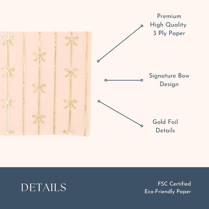 Bonjour Fête Light Peach Bow Small Party Napkins | 3-Ply Gold Foil Cocktail Napkins for Holiday Decorations | Premium Party Table Decor | Pack of 20, 5" Folded | Elegant Fancy Napkins