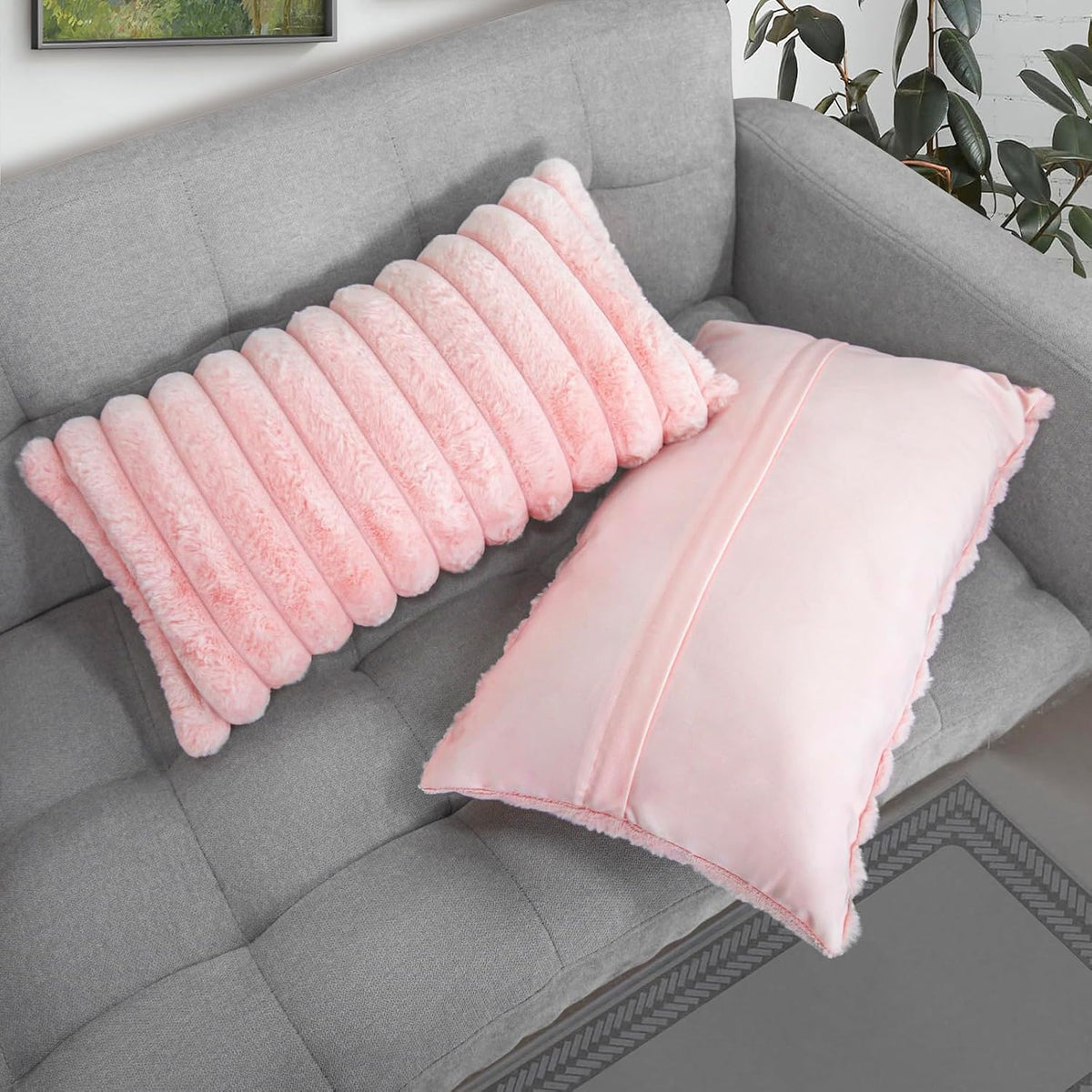Uhomy Set of 2 Faux Fur Home Decorative Throw Pillow Cover Luxury Super Soft Fuzzy Striped Furry Pillowcase for Sofa Couch Bedroom Comfy Thick Fluffy Plush Cushion Cover 12x20 Inch Light Pink 30x50 cm