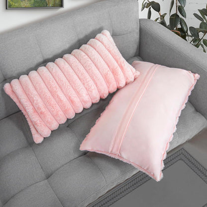 Uhomy Set of 2 Faux Fur Home Decorative Throw Pillow Cover Luxury Super Soft Fuzzy Striped Furry Pillowcase for Sofa Couch Bedroom Comfy Thick Fluffy Plush Cushion Cover 12x20 Inch Light Pink 30x50 cm