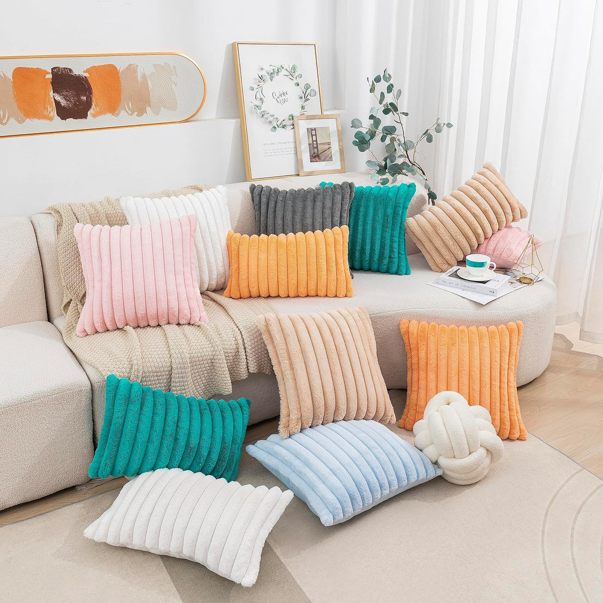 Uhomy Set of 2 Faux Fur Home Decorative Throw Pillow Cover Luxury Super Soft Fuzzy Striped Furry Pillowcase for Sofa Couch Bedroom Comfy Thick Fluffy Plush Cushion Cover 12x20 Inch Light Pink 30x50 cm