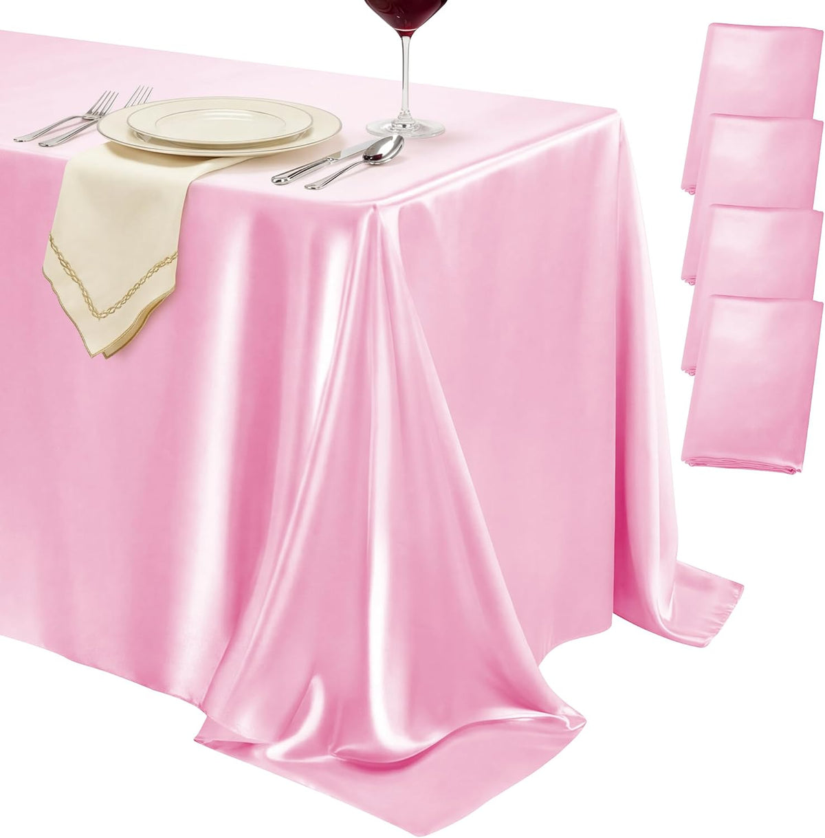 4 Pack Pink Satin Tablecloth 58 x 102 Inch Overlay Seamless Design