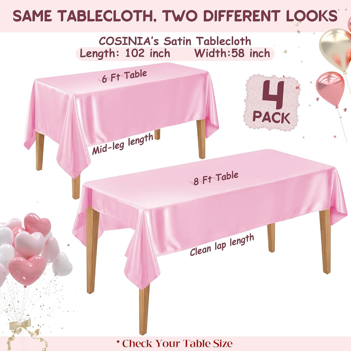 4 Pack Pink Satin Tablecloth 58 x 102 Inch Overlay Seamless Design